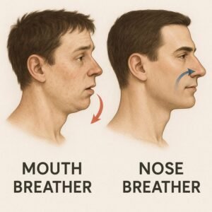 Illustration comparing mouth breathing and nose breathing, showing differences in facial development, jawline definition, chin position, and overall facial structure. Educational image explaining the impact of chronic mouth breathing on facial growth and oral health.