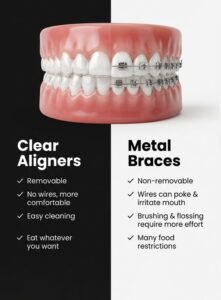 Comparison of clear aligners and traditional metal braces showing removable transparent aligners versus fixed orthodontic brackets for teeth straightening treatment.